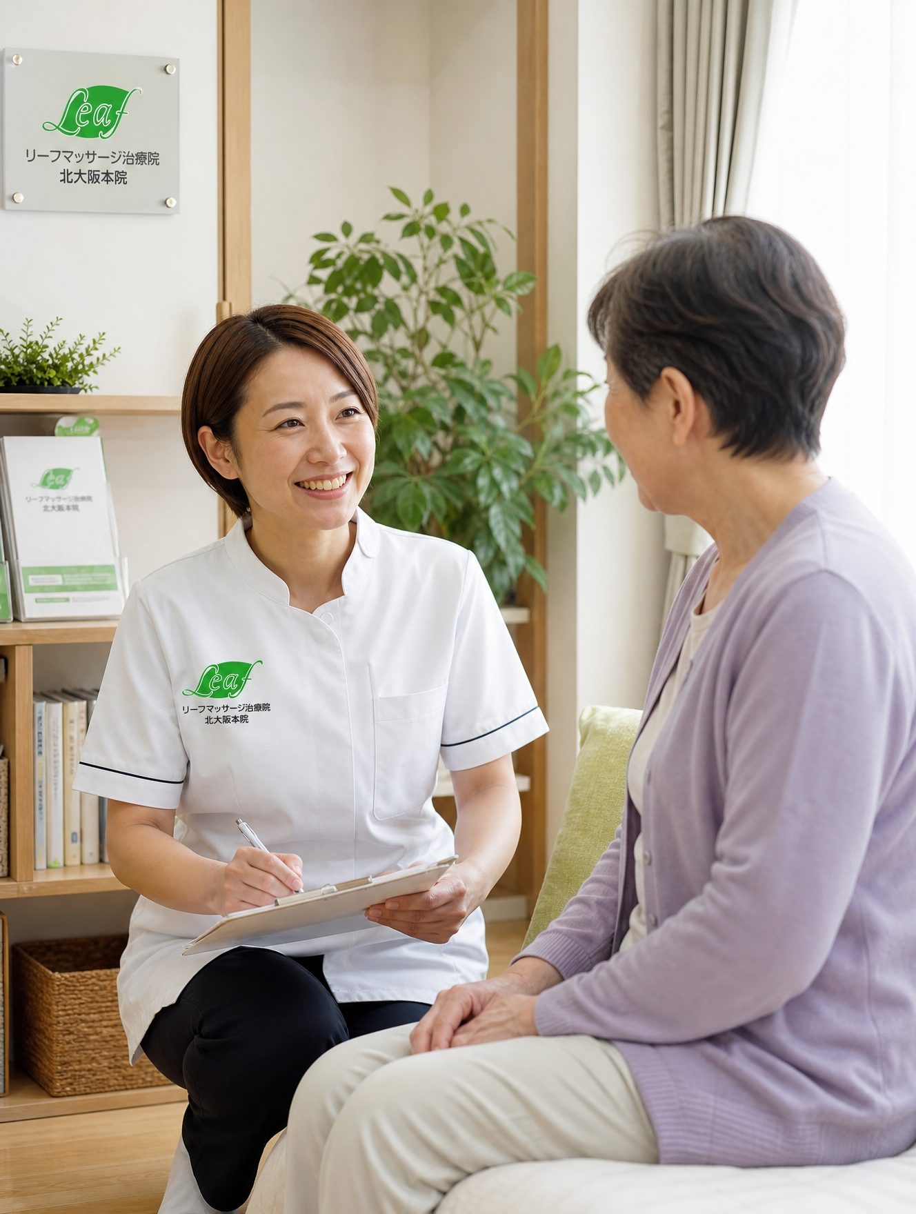 利用者と会話しながら記録をとる施術者