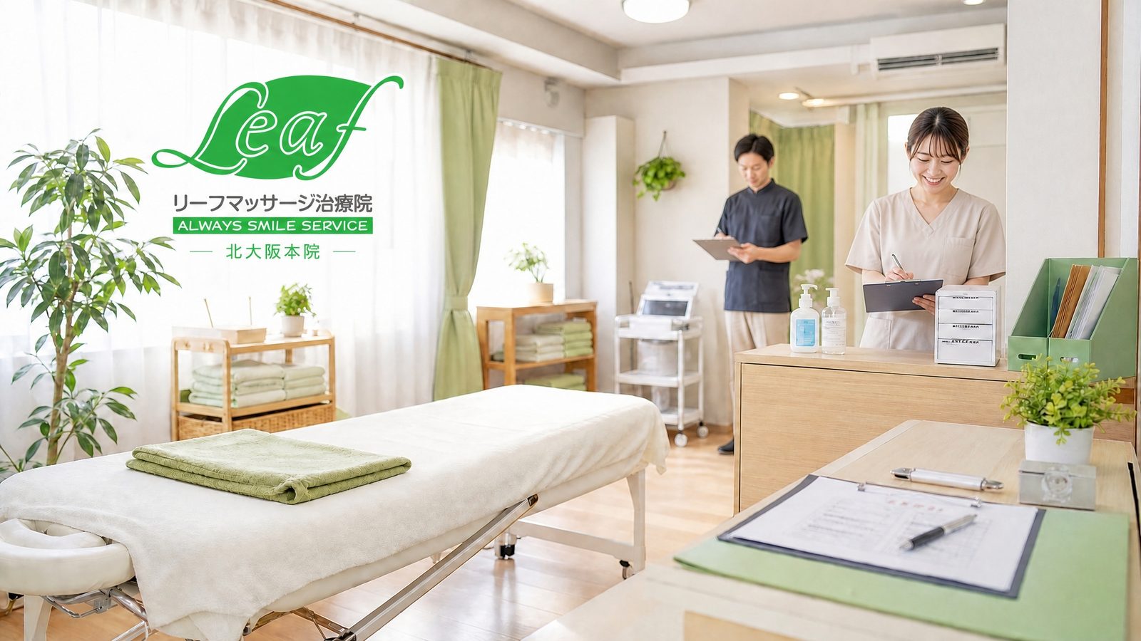 施術ベッドとタオルが用意された明るい部屋